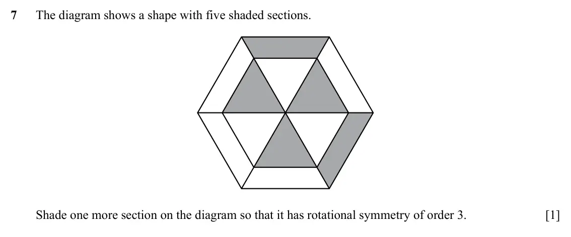 Specimen Paper 1, question 7: The diagram shows a shape with five shaded sections. Shade one more section on the diagram so that it has rotational symmetry of order 3. [1]