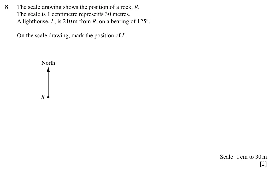 Specimen Paper 1, question 8: The scale drawing shows the position of a rock, R. The scale is 1 centimetre represents 30 metres. A lighthouse, L, is 210 m from R, on a bearing of 125°. On th