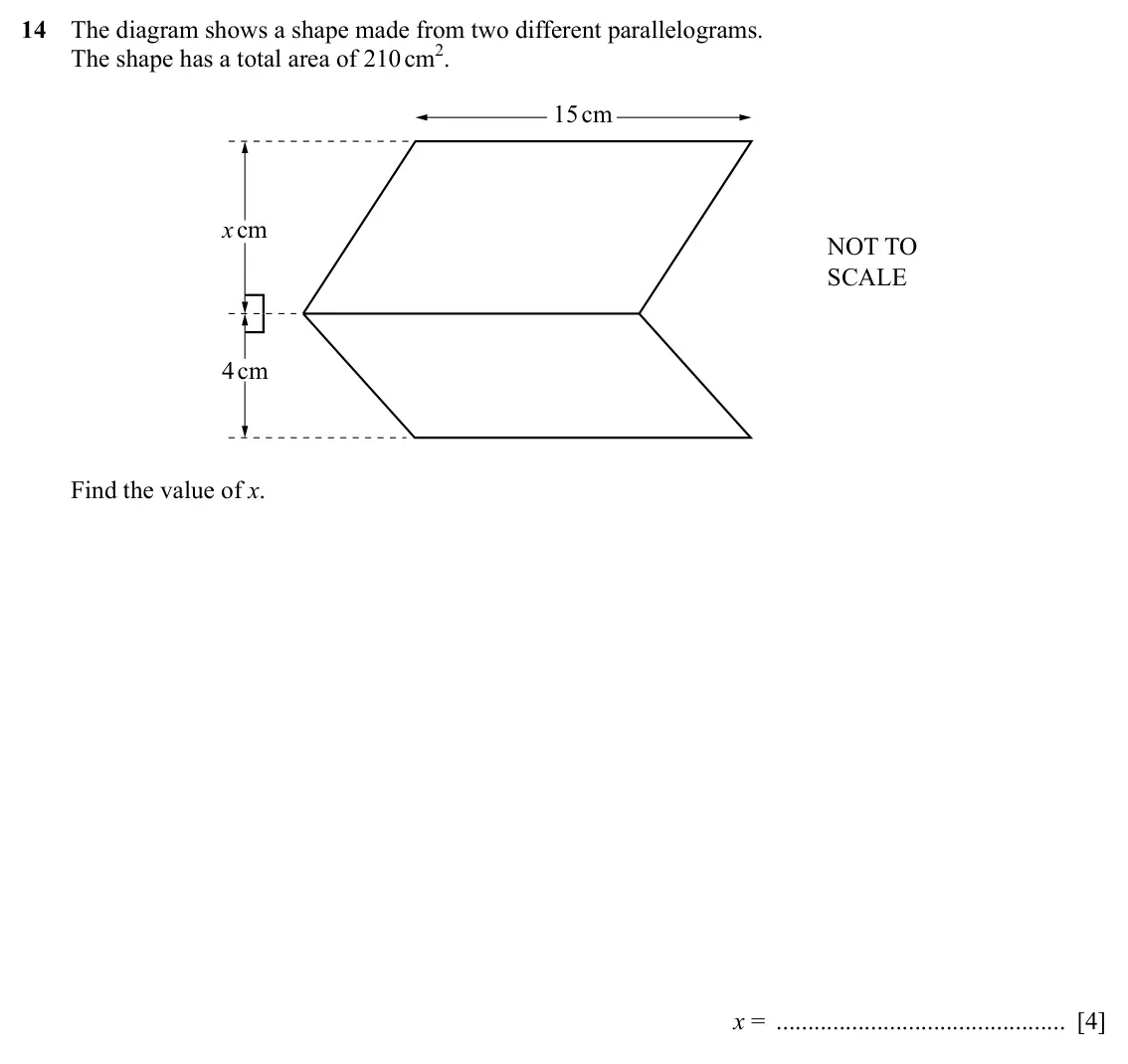Specimen Paper 1, question 14: The diagram shows a shape made from two different parallelograms. The shape has a total area of 210 cm2. 15cm xcm NOT TO SCALE 4cm Find the value of x. x = [4]