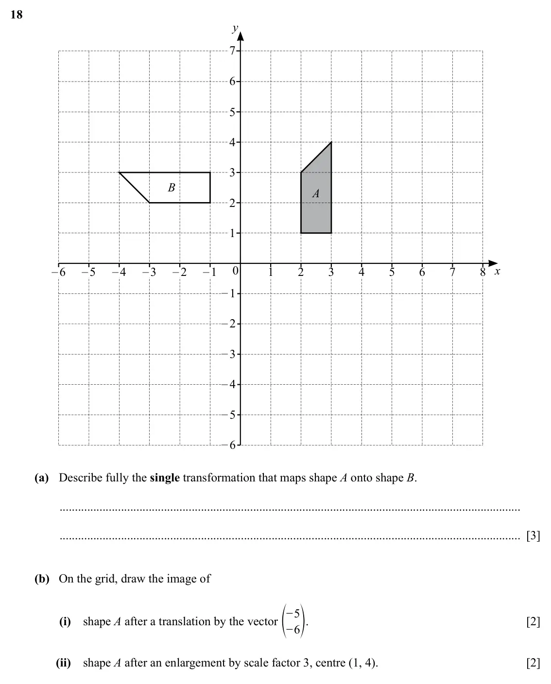 Specimen Paper 1, question 18: y 7 6 5 4 3 B A 2 1 – 6 – 5 – 4 – 3 – 2 – 1 0 1 2 3 4 5 6 7 8 x – 1 – 2 – 3 – 4 – 5 – 6 (a) Describe fully the single transformation that maps shape A onto shap