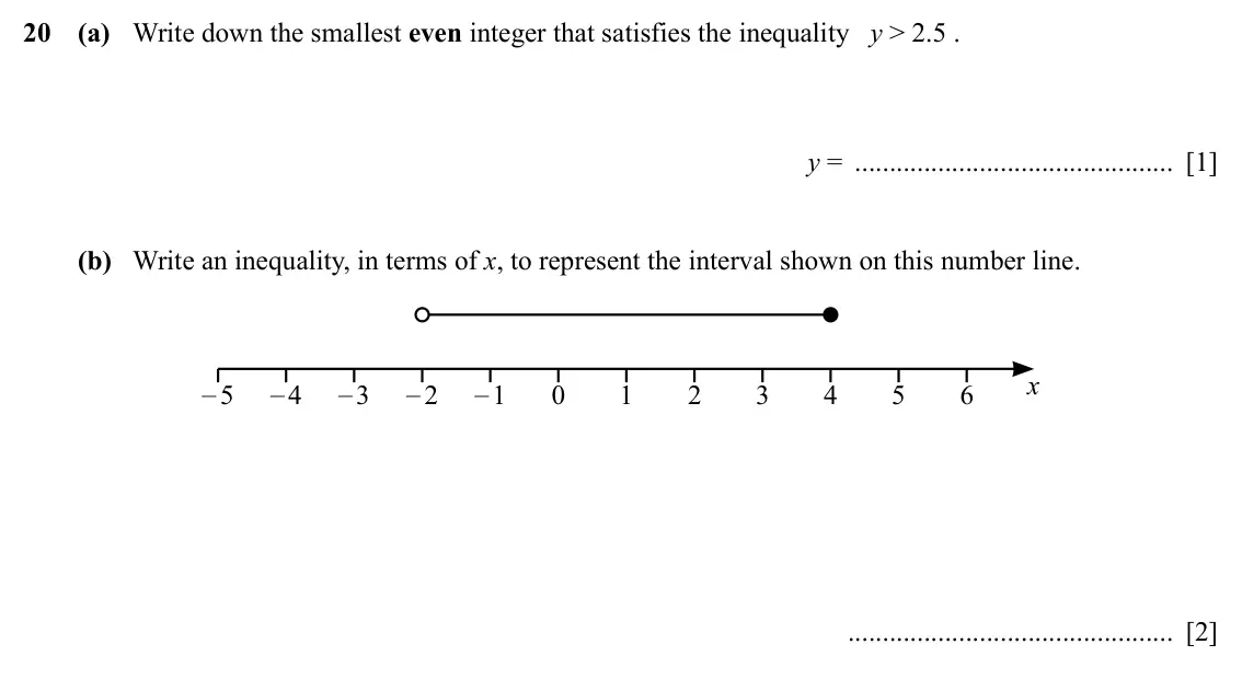 Specimen Paper 1, question 20: (a) Write down the smallest even integer that satisfies the inequality y > 2.5 . y = [1] (b) Write an inequality, in terms of x, to represent the interval shown