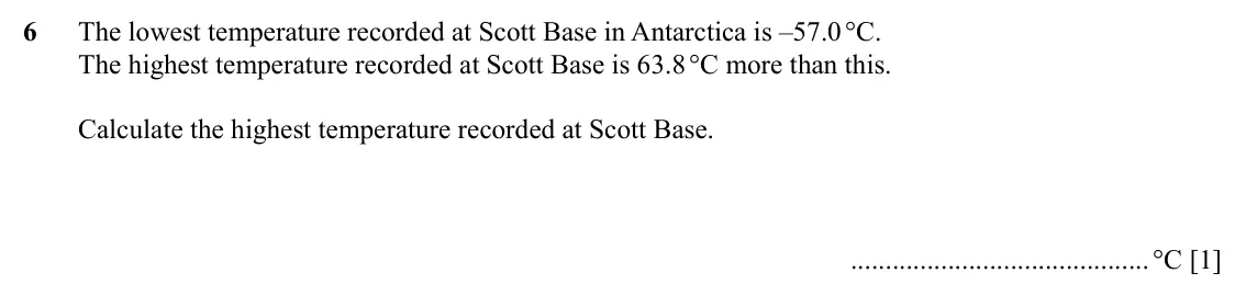 Specimen Paper 3, question 6: The lowest temperature recorded at Scott Base in Antarctica is –57.0 °C. The highest temperature recorded at Scott Base is 63.8 °C more than this. Calculate the