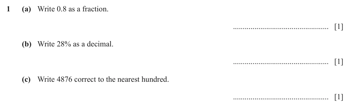 June 2024 Paper 1, question 1: (a) Write 0.8 as a fraction. [1] (b) Write 28% as a decimal. [1] (c) Write 4876 correct to the nearest hundred. [1]