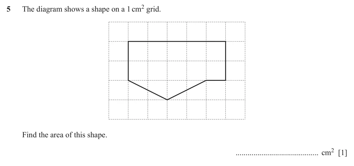 June 2024 Paper 1, question 5: The diagram shows a shape on a 1 cm2 grid. Find the area of this shape. cm2 [1]