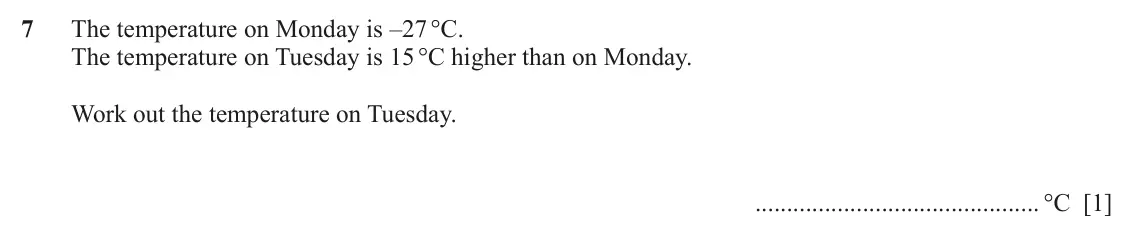 June 2024 Paper 1, question 7: The temperature on Monday is –27 °C. The temperature on Tuesday is 15 °C higher than on Monday. Work out the temperature on Tuesday. °C [1]