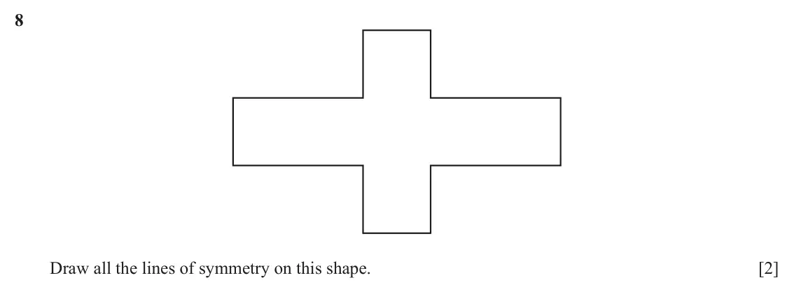 June 2024 Paper 1, question 8: Draw all the lines of symmetry on this shape. [2]