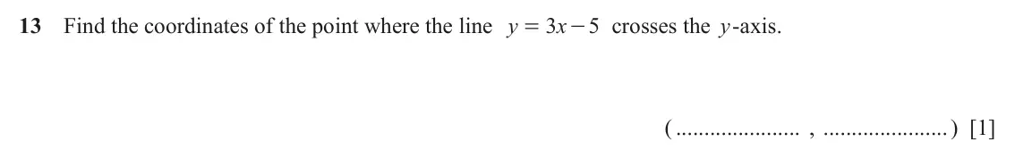 June 2024 Paper 1, question 13: Find the coordinates of the point where the line y 3 x - crosses the y-axis. 5 = ( , ) [1]