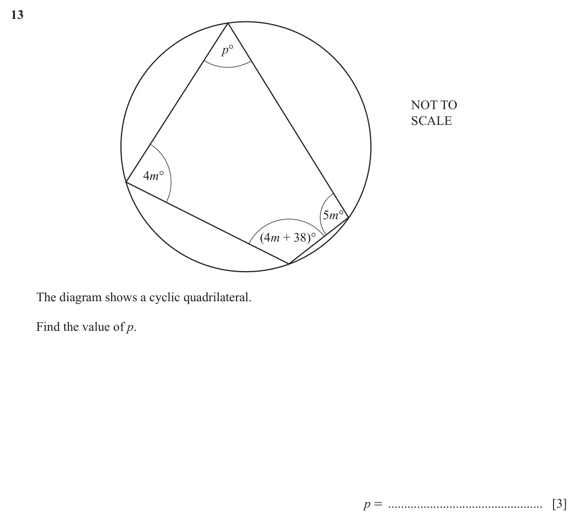 June 2024 Paper 2, question 13: p° NOT TO SCALE 4m° 5m° (4m + 38)° The diagram shows a cyclic quadrilateral. Find the value of p. p = [3]
