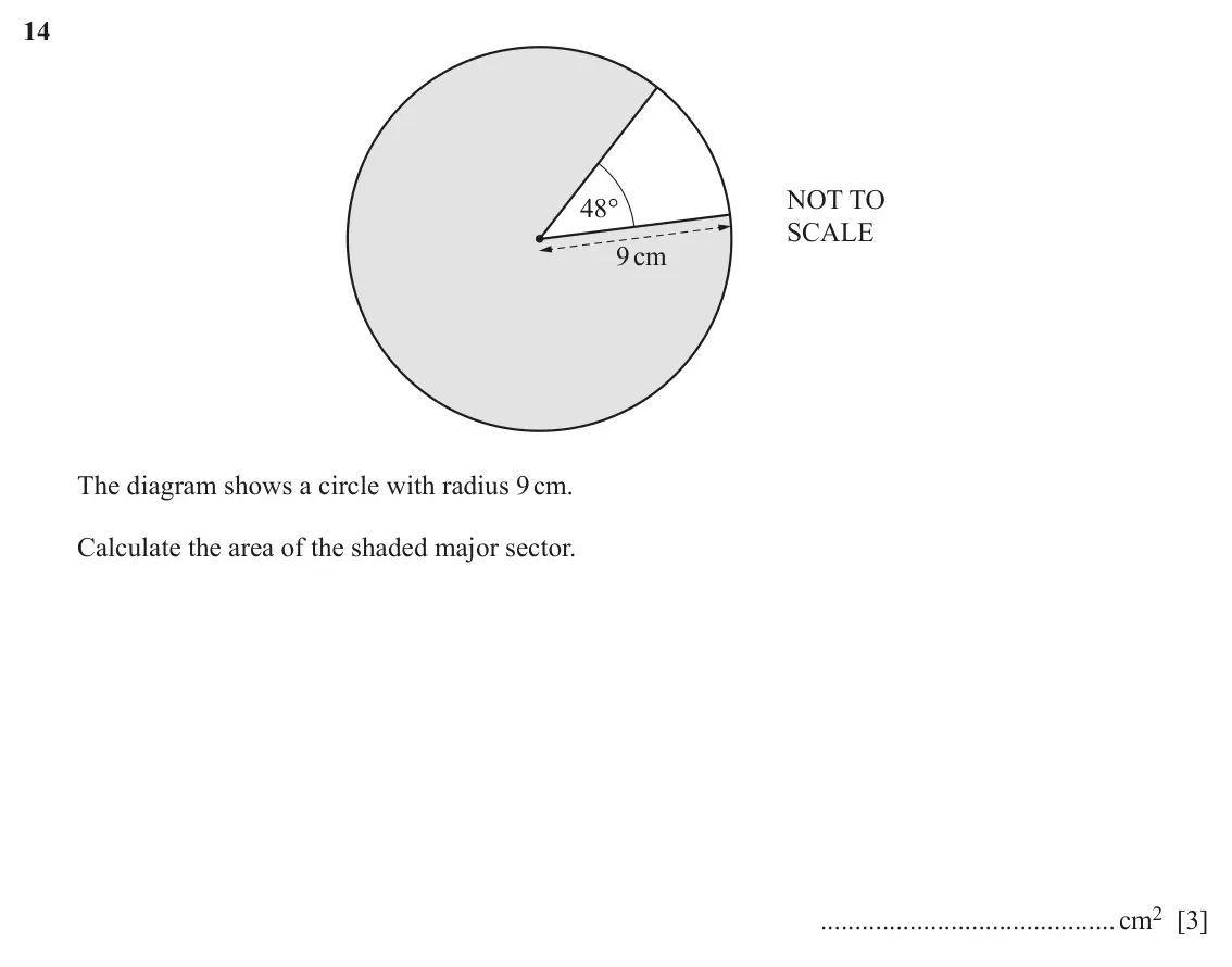 June 2024 Paper 2, question 14: NOT TO 48° SCALE 9cm The diagram shows a circle with radius 9 cm. Calculate the area of the shaded major sector. cm2 [3]