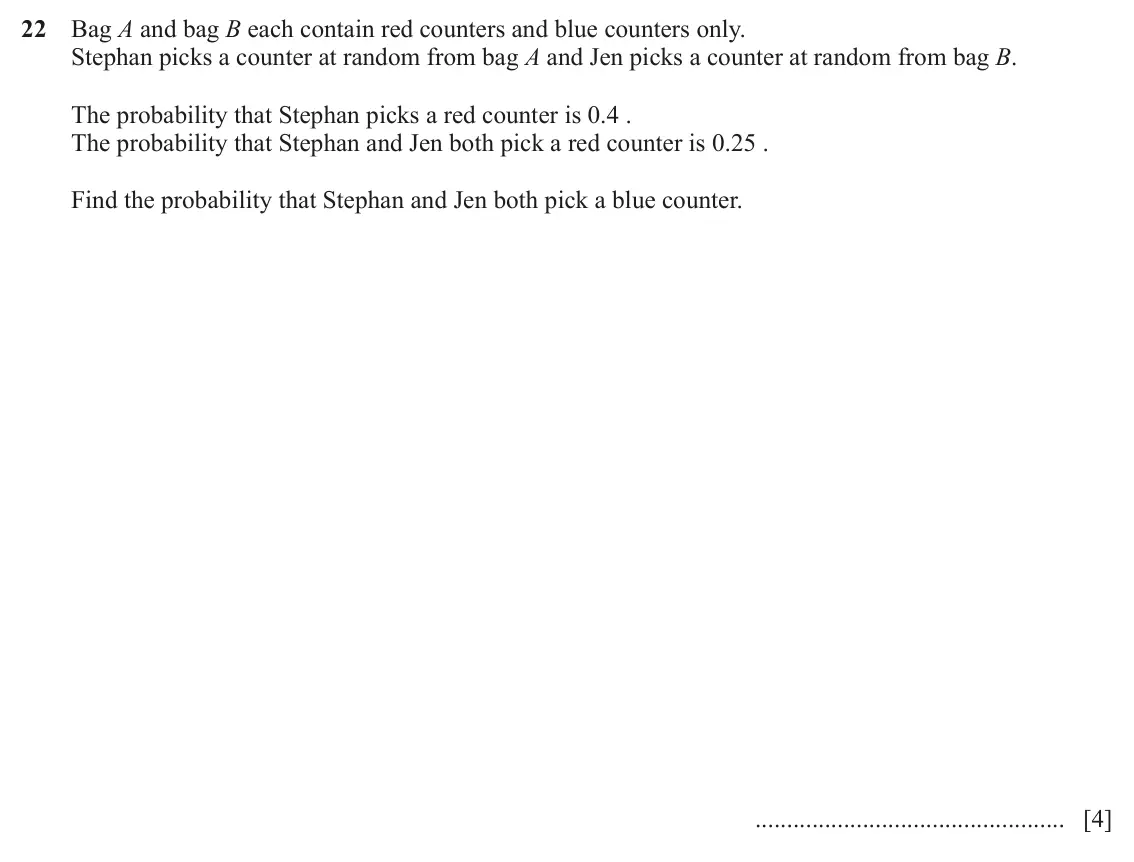 June 2024 Paper 2, question 22: Bag A and bag B each contain red counters and blue counters only. Stephan picks a counter at random from bag A and Jen picks a counter at random from bag B. The