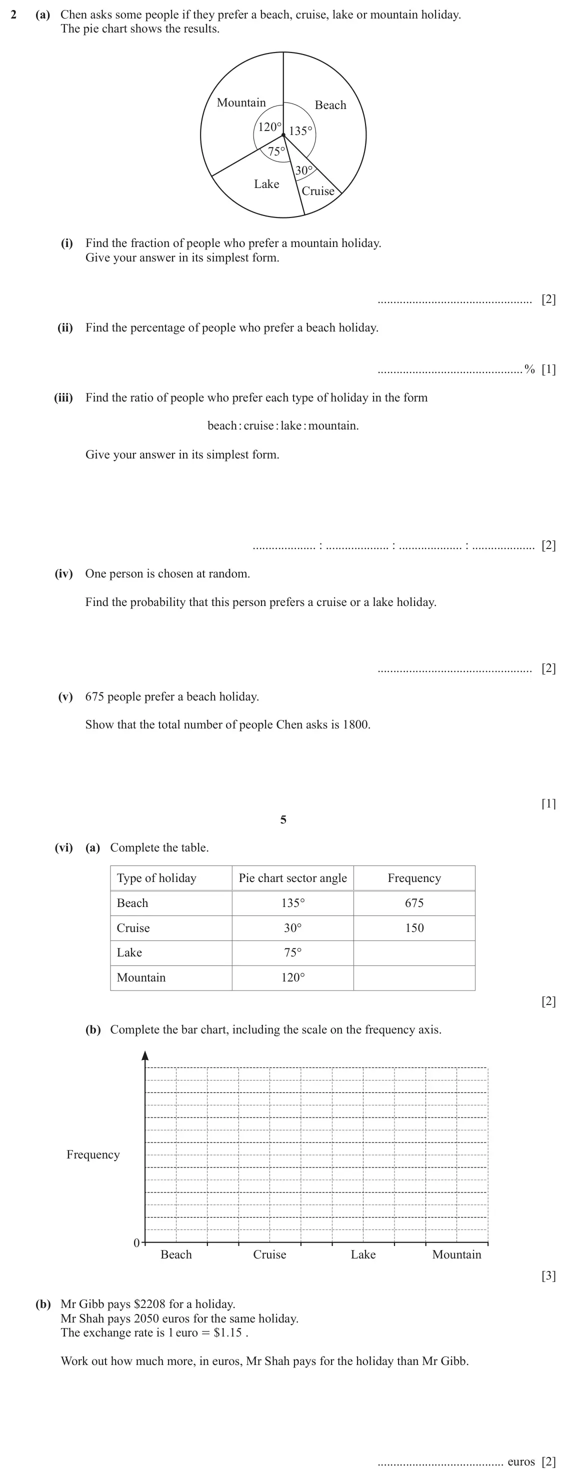 June 2024 Paper 3, question 2: (a) Chen asks some people if they prefer a beach, cruise, lake or mountain holiday. The pie chart shows the results. Mountain Beach 120° 135° 75° 30° Lake Cruis