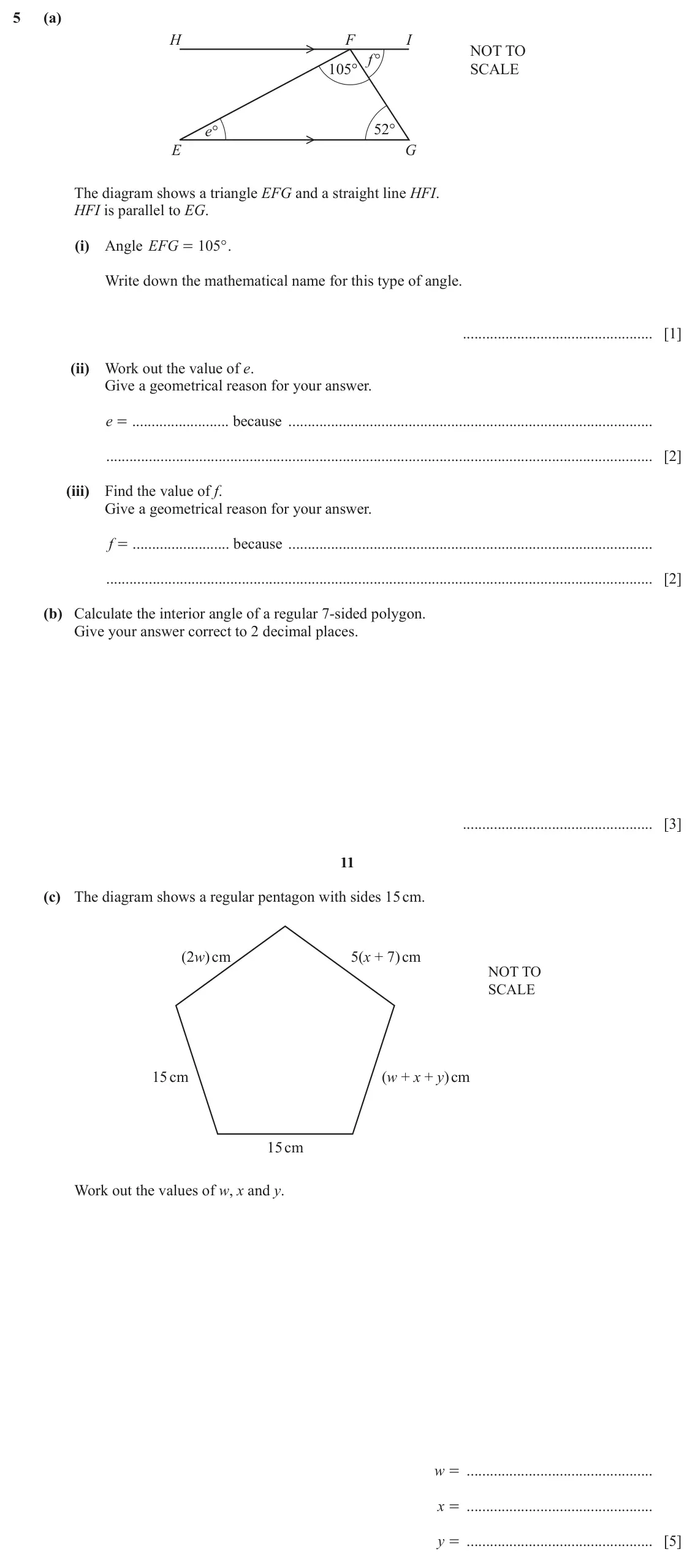 June 2024 Paper 3, question 5: (a) H F I NOT TO f° 105° SCALE e° 52° E G The diagram shows a triangle EFG and a straight line HFI. HFI is parallel to EG. (i) Angle EFG 105 ° . = Write down th