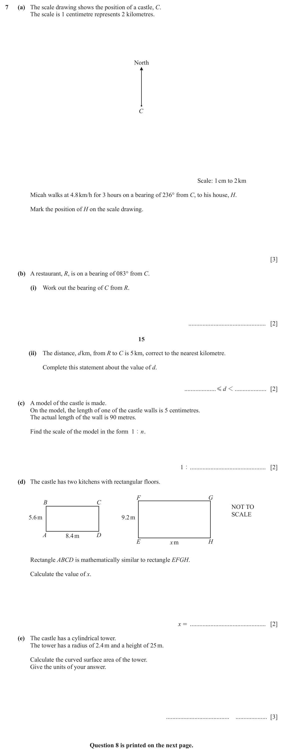 June 2024 Paper 3, question 7: (a) The scale drawing shows the position of a castle, C. The scale is 1 centimetre represents 2 kilometres. North C Scale: 1 cm to 2 km Micah walks at 4.8 km/h
