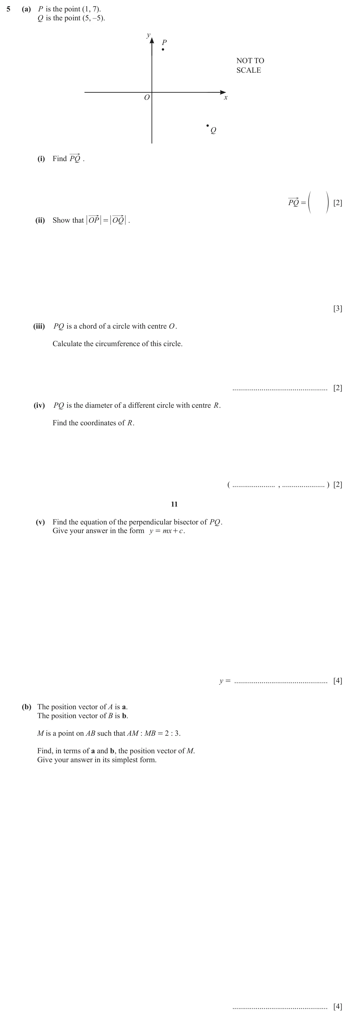 June 2024 Paper 4, question 5: (a) P is the point (1, 7). Q is the point (5, –5). y P NOT TO SCALE O x Q (i) Find PQ . PQ = f p [2] (ii) Show that OP OQ . = [3] (iii) PQ is a chord of a circl