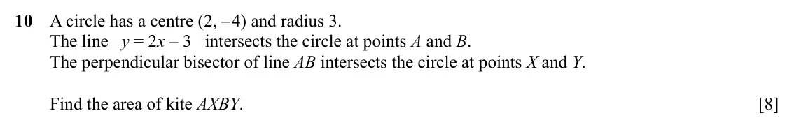 Specimen Paper 1, question 10: A circle has a centre (2, – 4) and radius 3. The line y = 2x – 3 intersects the circle at points A and B. The perpendicular bisector of line AB intersects the c