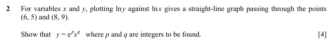 Specimen Paper 2, question 2: For variables x and y, plotting ln y against ln x gives a straight-line graph passing through the points (6, 5) and (8, 9). Show that y = e pxq where p and q ar