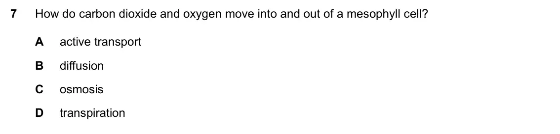 Specimen Paper 1, question 7: How do carbon dioxide and oxygen move into and out of a mesophyll cell? A active transport B diffusion C osmosis D transpiration