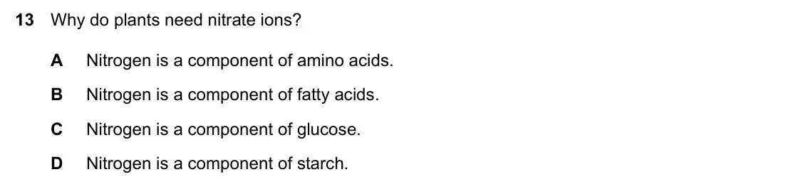 Specimen Paper 1, question 13: Why do plants need nitrate ions? A Nitrogen is a component of amino acids. B Nitrogen is a component of fatty acids. C Nitrogen is a component of glucose. D Nit