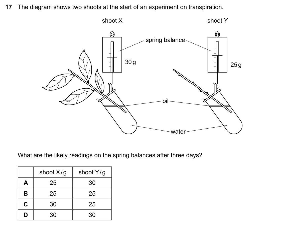 Specimen Paper 1, question 17: The diagram shows two shoots at the start of an experiment on transpiration. shoot X shoot Y spring balance 30 g 25 g oil water What are the likely readings on