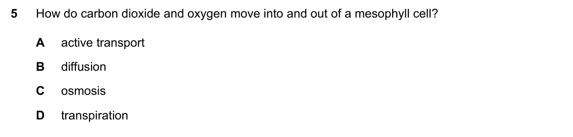 Specimen Paper 2, question 5: How do carbon dioxide and oxygen move into and out of a mesophyll cell? A active transport B diffusion C osmosis D transpiration