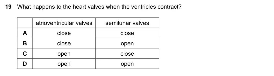 Specimen Paper 2, question 19: What happens to the heart valves when the ventricles contract? atrioventricular valves semilunar valves A close close B close open C open close D open open