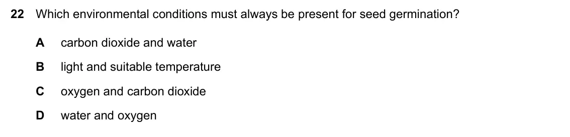 Specimen Paper 2, question 22: Which environmental conditions must always be present for seed germination? A carbon dioxide and water B light and suitable temperature C oxygen and carbon diox