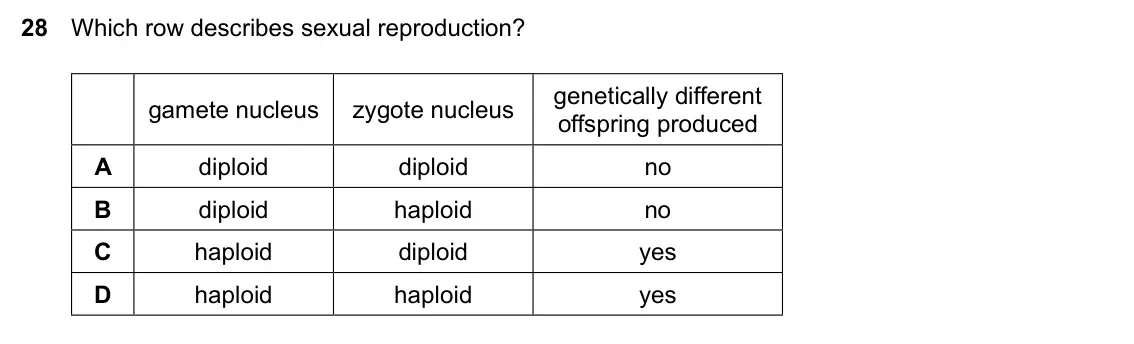 Specimen Paper 2, question 28: Which row describes sexual reproduction? genetically different gamete nucleus zygote nucleus offspring produced A diploid diploid no B diploid haploid no C hapl
