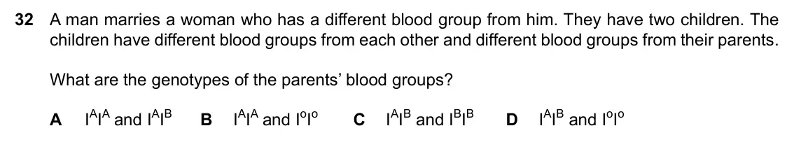 Specimen Paper 2, question 32: A man marries a woman who has a different blood group from him. They have two children. The children have different blood groups from each other and different b