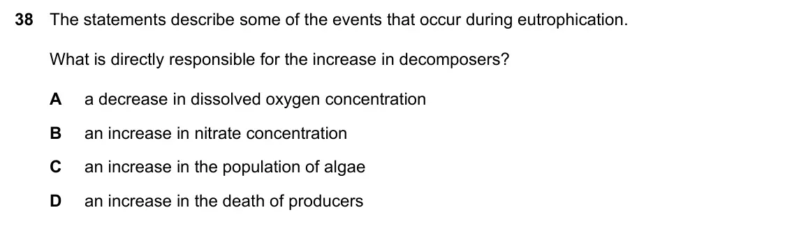 Specimen Paper 2, question 38: The statements describe some of the events that occur during eutrophication. What is directly responsible for the increase in decomposers? A a decrease in disso