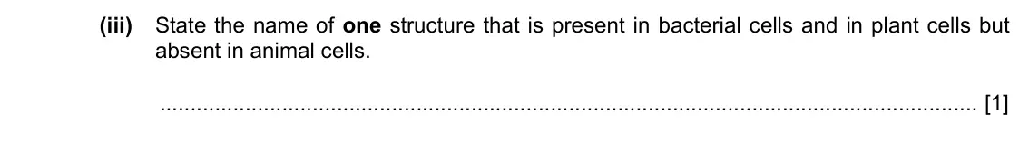 Specimen Paper 3, question 1(c)(iii): State the name of one structure that is present in bacterial cells and in plant cells but absent in animal cells. [1]