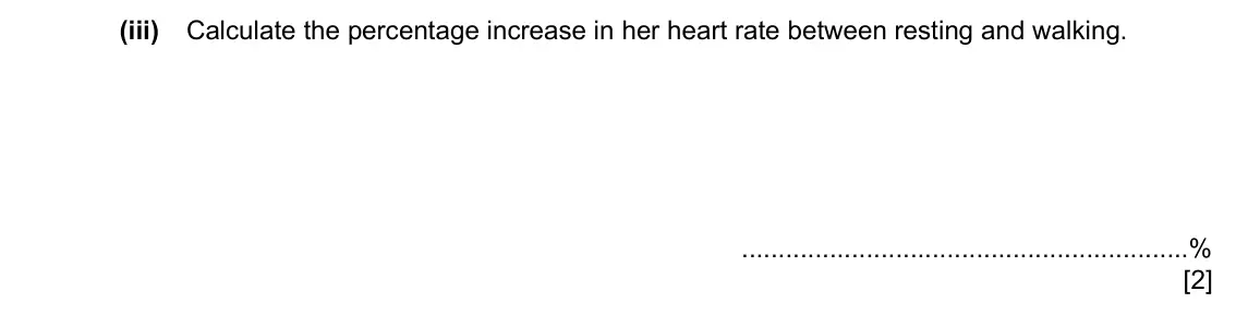 Specimen Paper 3, question 2(a)(iii): Calculate the percentage increase in her heart rate between resting and walking. % [2]