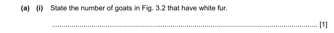 Specimen Paper 3, question 3(a)(i): State the number of goats in Fig. 3.2 that have white fur. [1]
