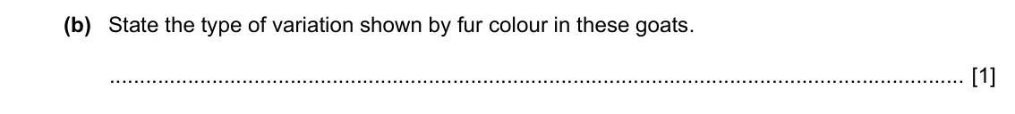 Specimen Paper 3, question 3(b): State the type of variation shown by fur colour in these goats. [1]