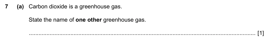 Specimen Paper 3, question 7(a): Carbon dioxide is a greenhouse gas. State the name of one other greenhouse gas. [1]