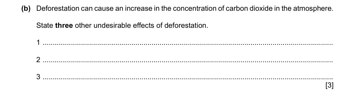 Specimen Paper 3, question 7(b): Deforestation can cause an increase in the concentration of carbon dioxide in the atmosphere. State three other undesirable effects of deforestation. 1 2 3 [3]