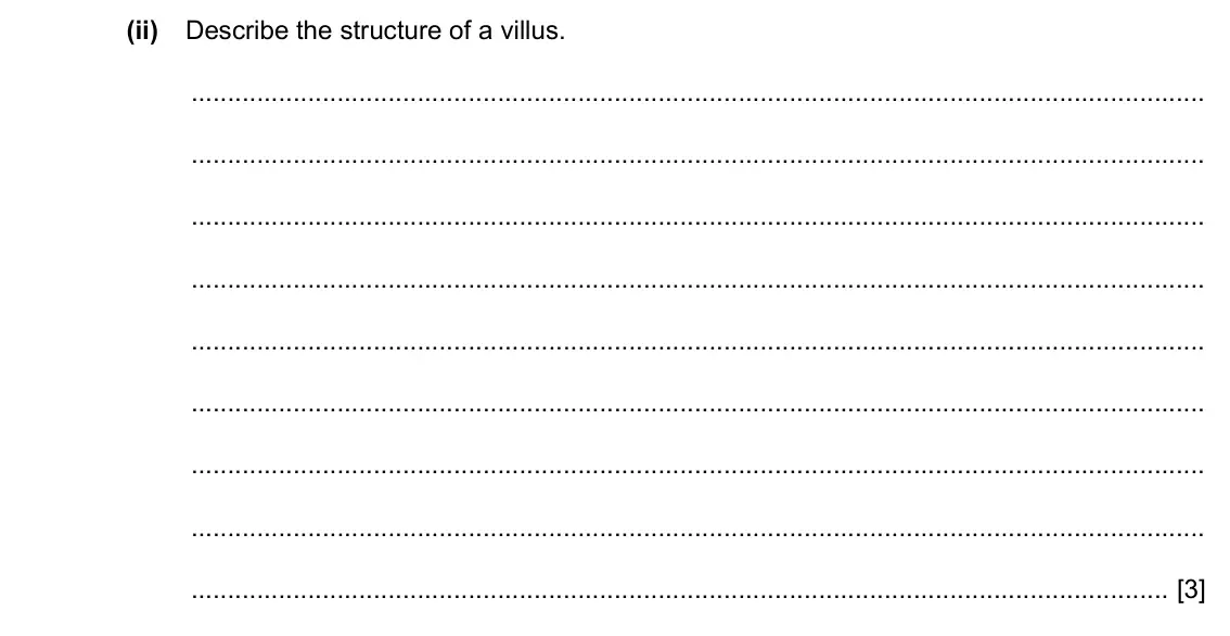 Specimen Paper 4, question 1(a)(ii): Describe the structure of a villus. [3]