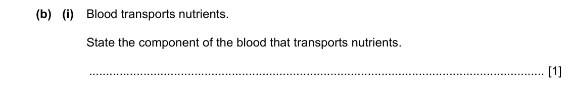 Specimen Paper 4, question 1(b)(i): Blood transports nutrients. State the component of the blood that transports nutrients. [1]