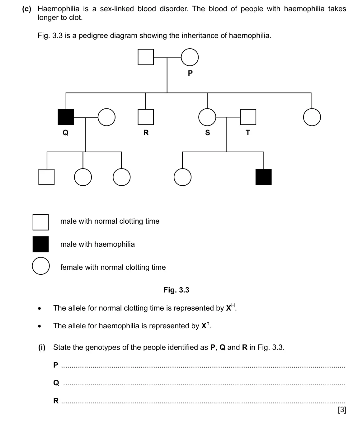 Specimen Paper 4, question 3(c)(i): State the genotypes of the people identified as P, Q and R in Fig. 3.3. P Q R [3]