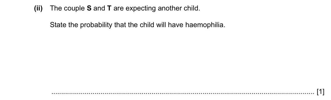 Specimen Paper 4, question 3(c)(ii): The couple S and T are expecting another child. State the probability that the child will have haemophilia. [1]
