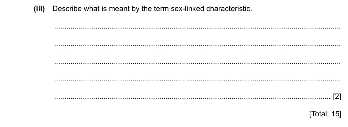 Specimen Paper 4, question 3(c)(iii): Describe what is meant by the term sex-linked characteristic. [2] [Total: 15]