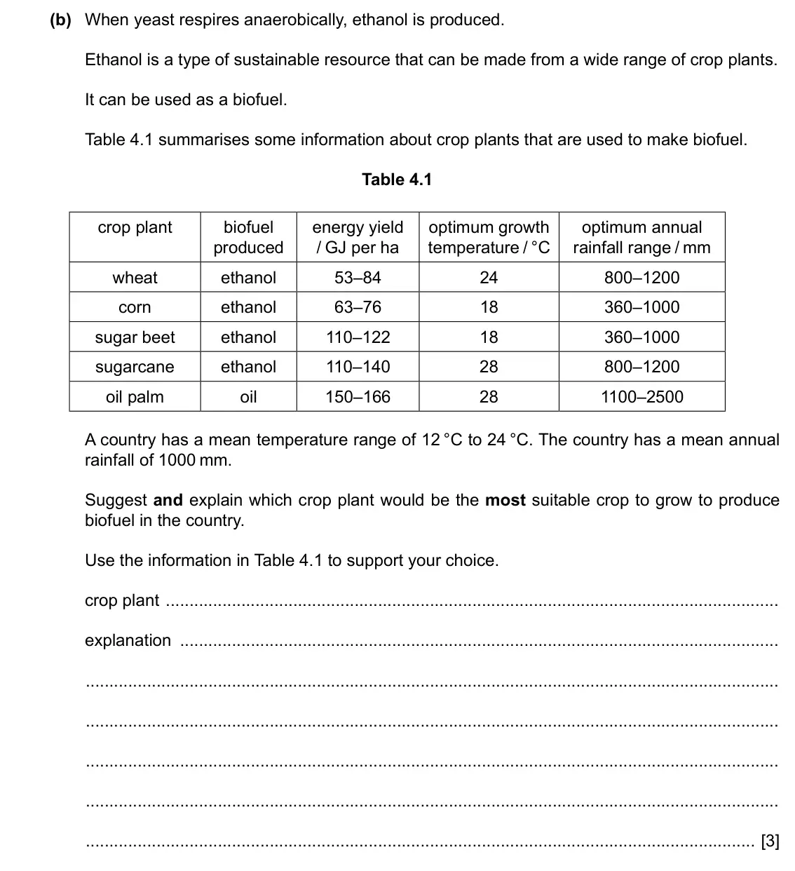 Specimen Paper 4, question 4(b): When yeast respires anaerobically, ethanol is produced. Ethanol is a type of sustainable resource that can be made from a wide range of crop plants. It can be u
