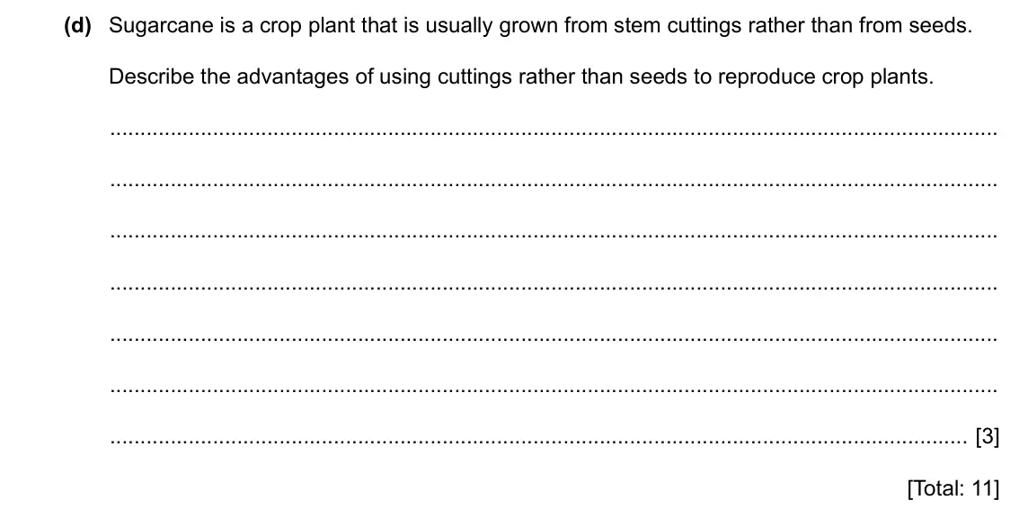 Specimen Paper 4, question 4(d): Sugarcane is a crop plant that is usually grown from stem cuttings rather than from seeds. Describe the advantages of using cuttings rather than seeds to reprod