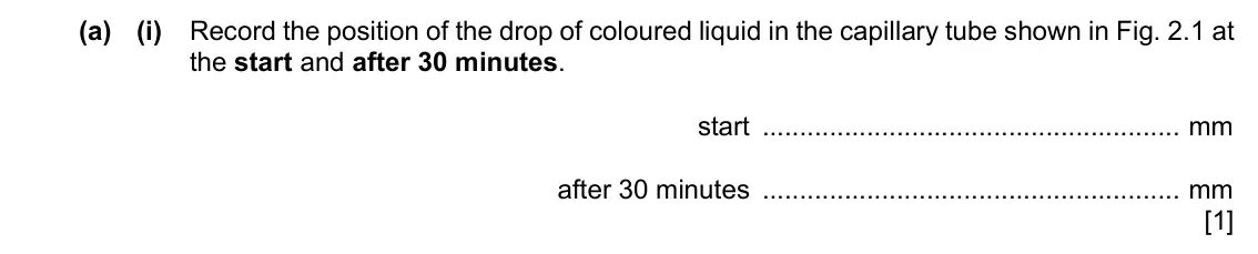 Specimen Paper 6, question 2(a)(i): Record the position of the drop of coloured liquid in the capillary tube shown in Fig. 2.1 at the start and after 30 minutes. start mm after 30 minutes mm [1]