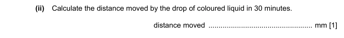 Specimen Paper 6, question 2(a)(ii): Calculate the distance moved by the drop of coloured liquid in 30 minutes. distance moved mm [1]