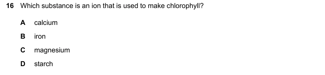 June 2024 Paper 1, question 16: Which substance is an ion that is used to make chlorophyll? A calcium B iron C magnesium D starch