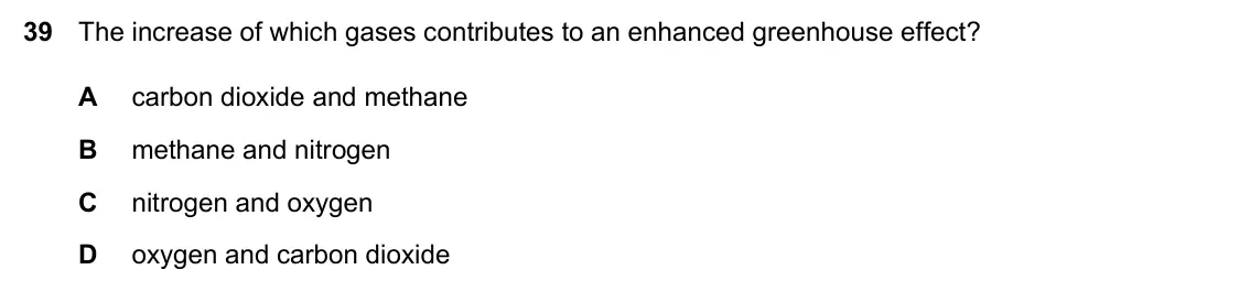 June 2024 Paper 1, question 39: The increase of which gases contributes to an enhanced greenhouse effect? A carbon dioxide and methane B methane and nitrogen C nitrogen and oxygen D oxygen and