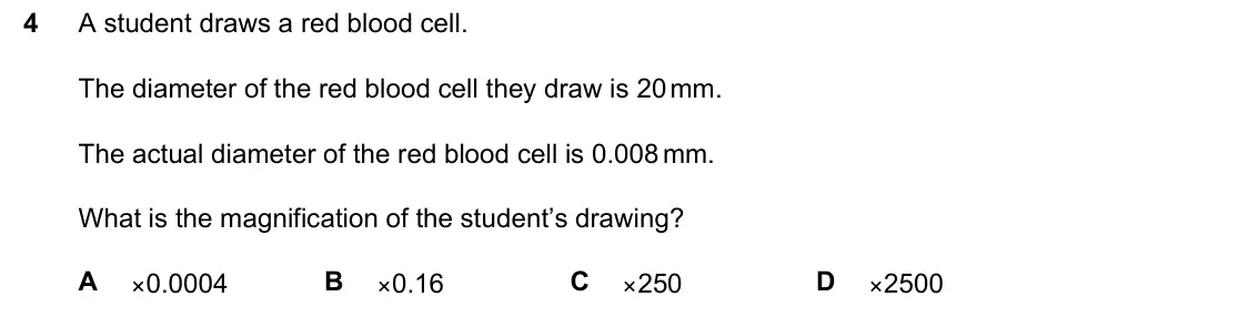 June 2024 Paper 2, question 4: A student draws a red blood cell. 4 The diameter of the red blood cell they draw is 20 mm. The actual diameter of the red blood cell is 0.008 mm. What is the ma