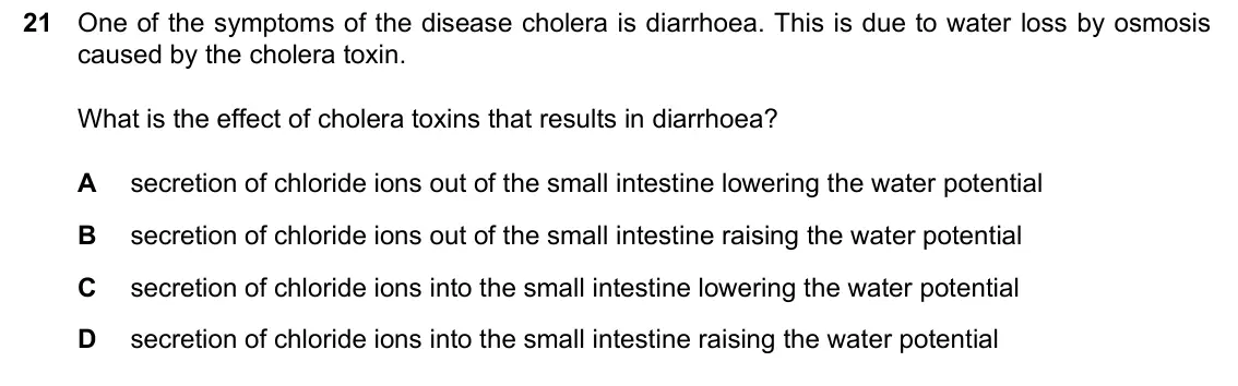 June 2024 Paper 2, question 21: One of the symptoms of the disease cholera is diarrhoea. This is due to water loss by osmosis caused by the cholera toxin. What is the effect of cholera toxins