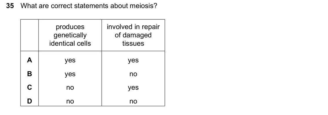 June 2024 Paper 2, question 35: What are correct statements about meiosis? produces involved in repair genetically of damaged identical cells tissues A yes yes B yes no C no yes D no no