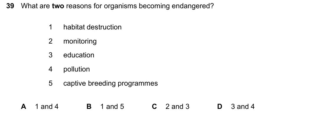 June 2024 Paper 2, question 39: What are two reasons for organisms becoming endangered? 1 habitat destruction 2 monitoring 3 education 4 pollution 5 captive breeding programmes A 1 and 4 B 1 a